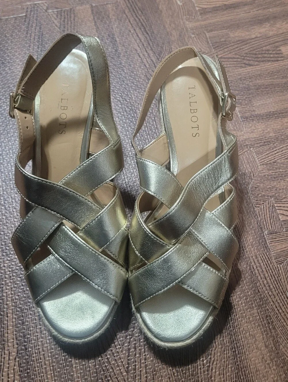 Talbots Gold Espardrille Wedge Strappy Sandals Size 8.5M Slingback